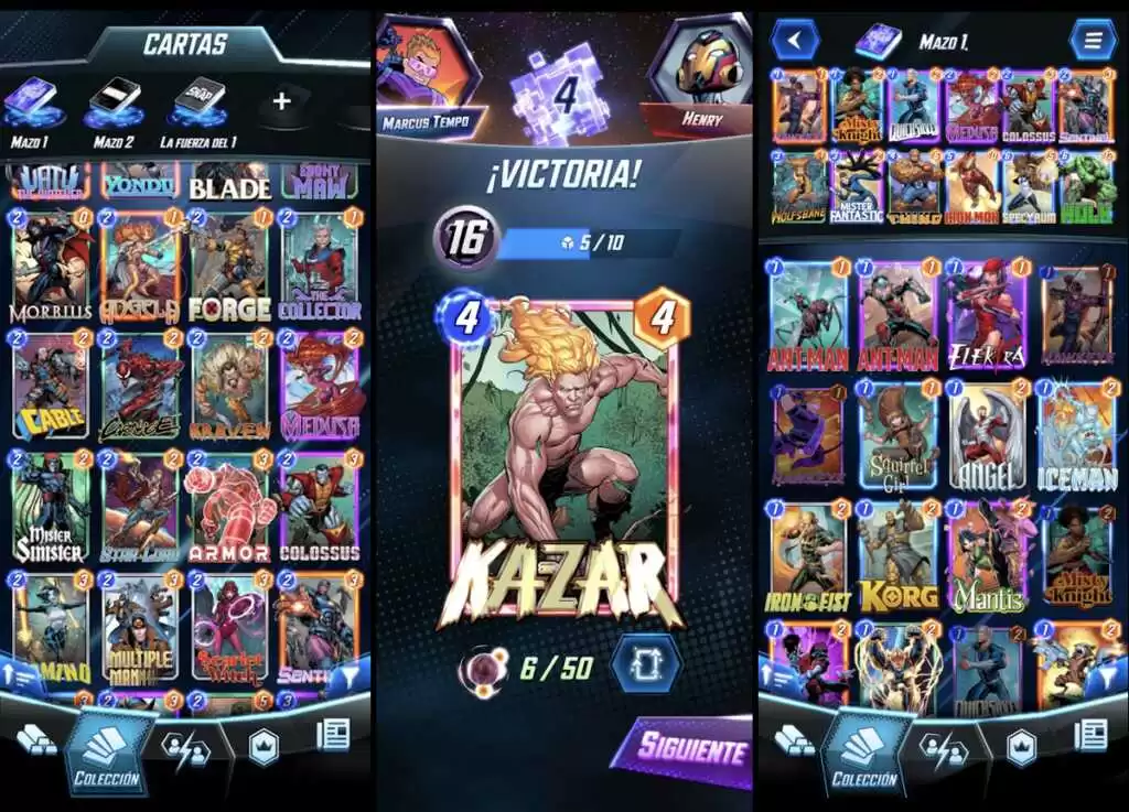 Imagen del juego Marvel Snap y sus diferentes cartas