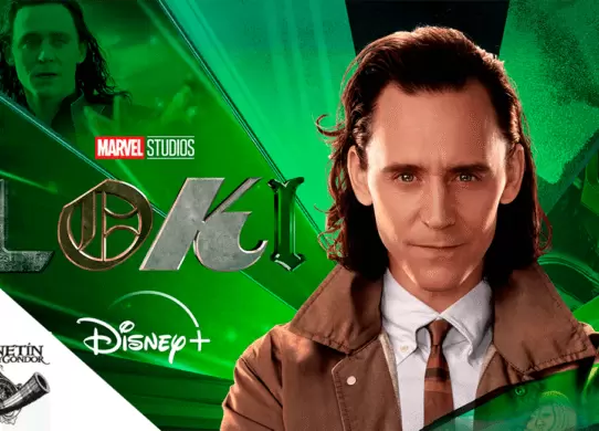 Imagen promocional de la serie de Loki con el logo destacado de El cornetín