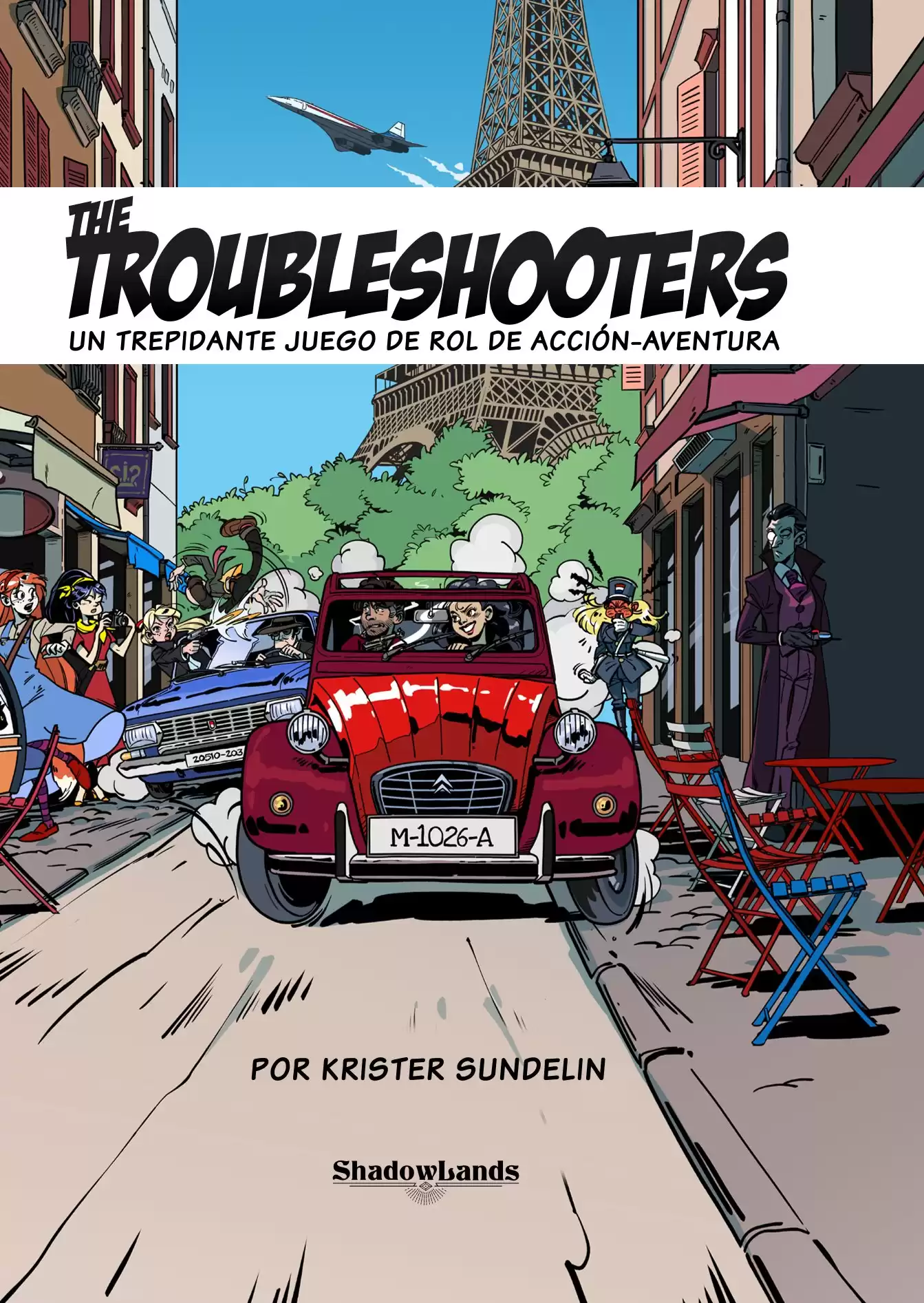 Portada del juego The Troubleshooters, dónde podemos ver un coche rojo conduciendo a toda velocidad por las calles de París, mientras la policía lo persigue.