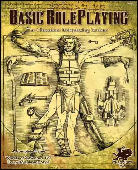 Portada del sistema BRP, dónde vemos al Hombre de Vitruvio ataviado con diferentes ropas y accesorios dando a entender las diversas ambientaciones que permite jugar el BRP.